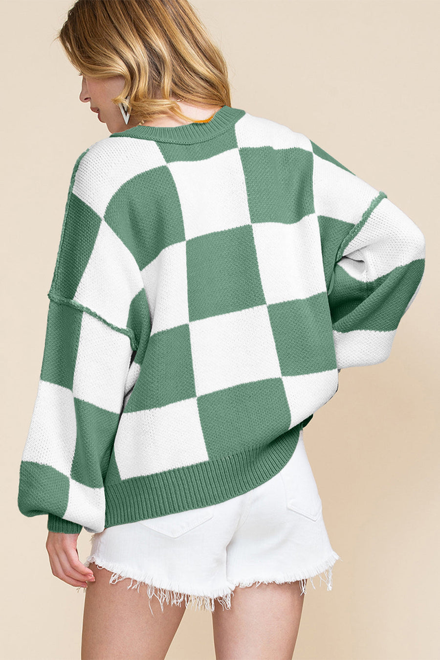 Bella Love Boutique California LLC Sweaters & Cardigans/Sweaters Green Checkered Bishop Sleeve Sweater