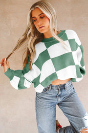 Bella Love Boutique California LLC Sweaters & Cardigans/Sweaters Green Checkered Bishop Sleeve Sweater