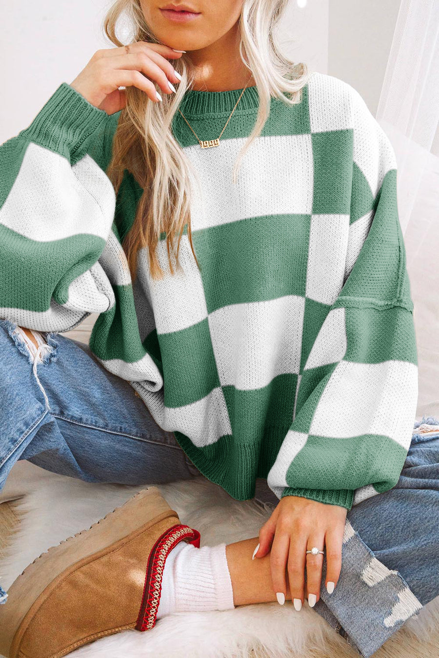 Bella Love Boutique California LLC Sweaters & Cardigans/Sweaters Green / S / 100%Acrylic Green Checkered Bishop Sleeve Sweater