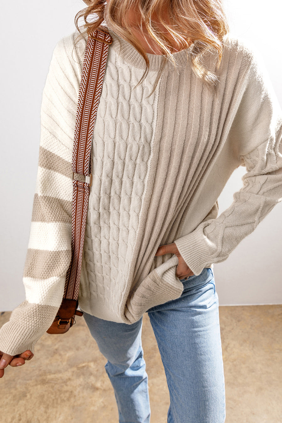 Bella Love Boutique California LLC Sweaters & Cardigans/Sweaters Khaki Cable Knit Colorblock Crew Neck Drop Shoulder Sweater