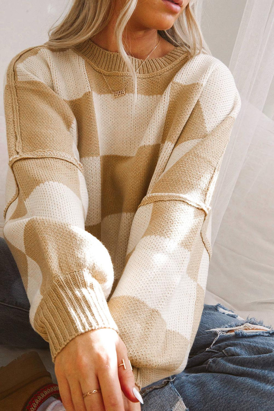 Bella Love Boutique California LLC Sweaters & Cardigans/Sweaters Khaki Checkered Bishop Sleeve Sweater