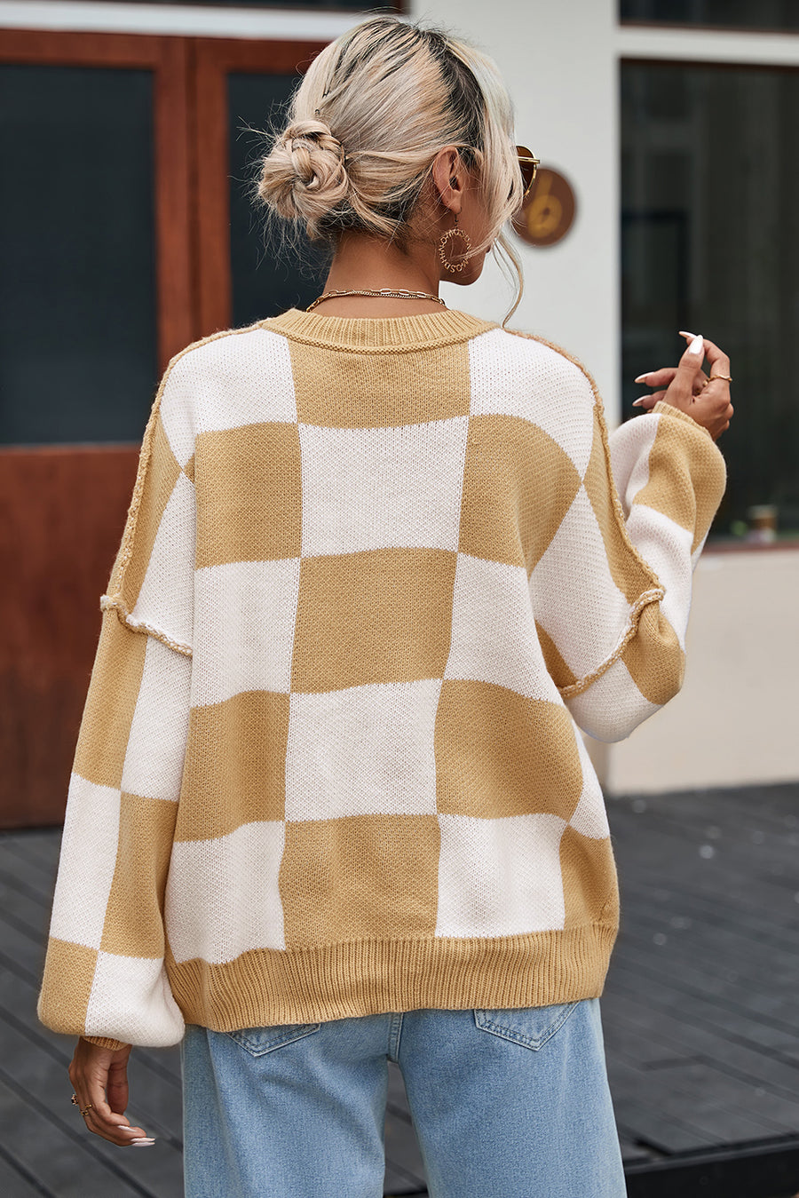 Bella Love Boutique California LLC Sweaters & Cardigans/Sweaters Khaki Checkered Bishop Sleeve Sweater