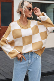 Bella Love Boutique California LLC Sweaters & Cardigans/Sweaters Khaki Checkered Bishop Sleeve Sweater