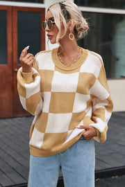 Bella Love Boutique California LLC Sweaters & Cardigans/Sweaters Khaki Checkered Bishop Sleeve Sweater