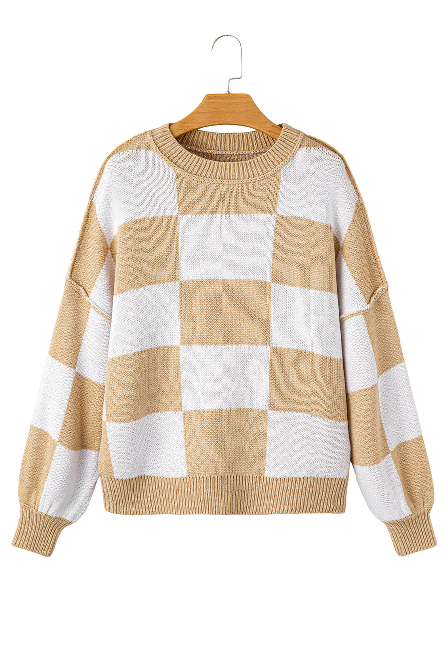 Khaki Checkered Bishop Sleeve Sweater