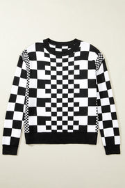 Bella Love Boutique California LLC Sweaters & Cardigans/Sweaters Khaki Checkered Print Drop Shoulder Round Neck Sweater