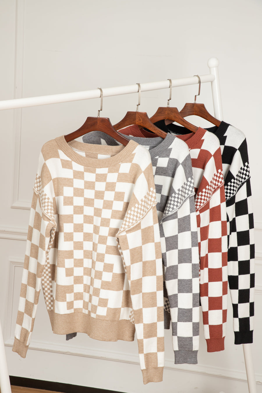 Bella Love Boutique California LLC Sweaters & Cardigans/Sweaters Khaki Checkered Print Drop Shoulder Round Neck Sweater