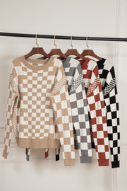 Bella Love Boutique California LLC Sweaters & Cardigans/Sweaters Khaki Checkered Print Drop Shoulder Round Neck Sweater