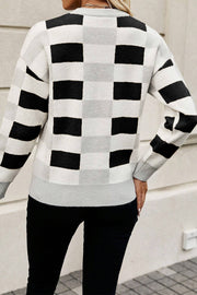 Bella Love Boutique California LLC Sweaters & Cardigans/Sweaters Khaki Checkered Ribbed Edge O Neck Drop Shoulder Sweater