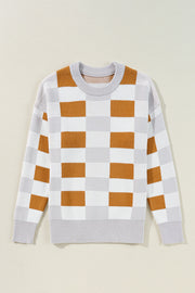 Bella Love Boutique California LLC Sweaters & Cardigans/Sweaters Khaki Checkered Ribbed Edge O Neck Drop Shoulder Sweater