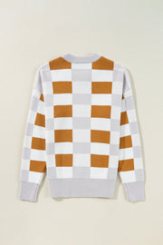 Bella Love Boutique California LLC Sweaters & Cardigans/Sweaters Khaki Checkered Ribbed Edge O Neck Drop Shoulder Sweater