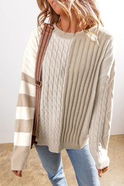 Bella Love Boutique California LLC Sweaters & Cardigans/Sweaters Khaki / S / 42%Acrylic+30%Polyester+28%Polyamide Khaki Cable Knit Colorblock Crew Neck Drop Shoulder Sweater