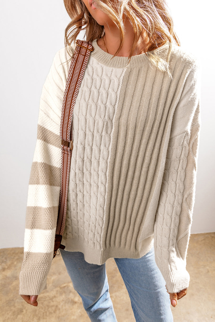 Bella Love Boutique California LLC Sweaters & Cardigans/Sweaters Khaki / S / 42%Acrylic+30%Polyester+28%Polyamide Khaki Cable Knit Colorblock Crew Neck Drop Shoulder Sweater