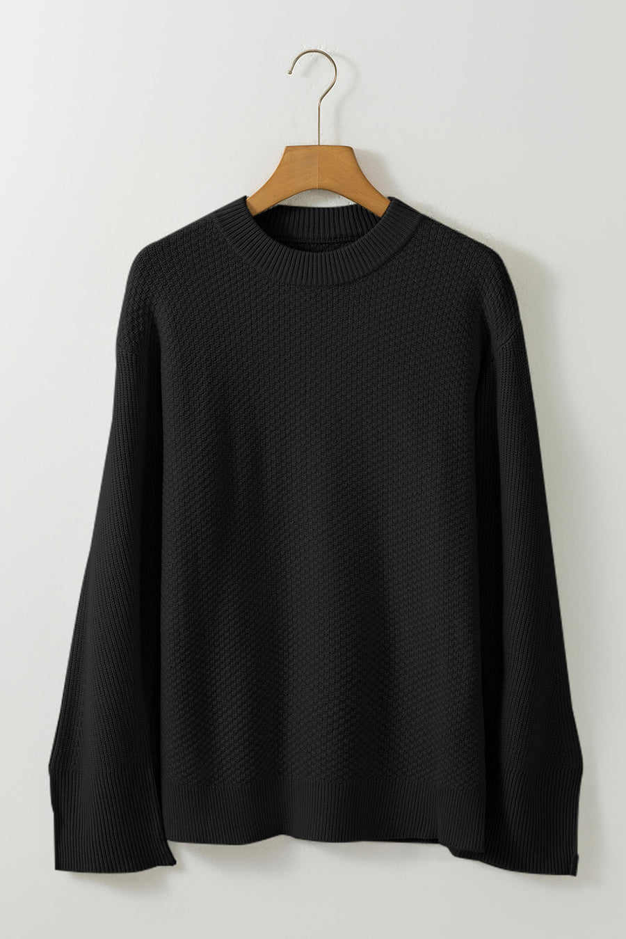 Bella Love Boutique California LLC Sweaters & Cardigans/Sweaters Madelyn Black Solid Textured Knit Split Cuff Drop Shoulder Loose Sweater