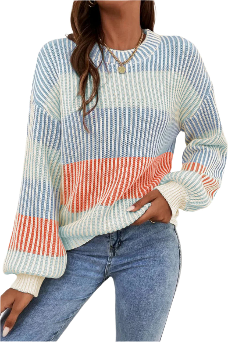 Bella Love Boutique California LLC Sweaters & Cardigans/Sweaters Multicolour / S / 60%Cotton+40%Acrylic Colorblock Textured Knit Bubble Sleeve Sweater