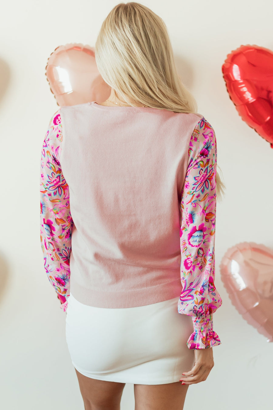 Bella Love Boutique California LLC Sweaters & Cardigans/Sweaters Oatmeal Floral Printed Patchwork Smocked Lantern Sleeve Knit Top