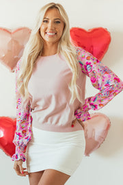 Bella Love Boutique California LLC Sweaters & Cardigans/Sweaters Oatmeal / S / 52%Viscose+26%Polyester+22%Polyamide Oatmeal Floral Printed Patchwork Smocked Lantern Sleeve Knit Top