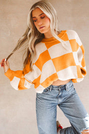 Bella Love Boutique California LLC Sweaters & Cardigans/Sweaters Orange Checkered Bishop Sleeve Sweater