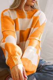 Bella Love Boutique California LLC Sweaters & Cardigans/Sweaters Orange Checkered Bishop Sleeve Sweater