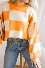 Bella Love Boutique California LLC Sweaters & Cardigans/Sweaters Orange Checkered Bishop Sleeve Sweater