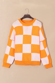 Bella Love Boutique California LLC Sweaters & Cardigans/Sweaters Orange Checkered Bishop Sleeve Sweater