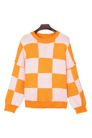 Bella Love Boutique California LLC Sweaters & Cardigans/Sweaters Orange Checkered Bishop Sleeve Sweater