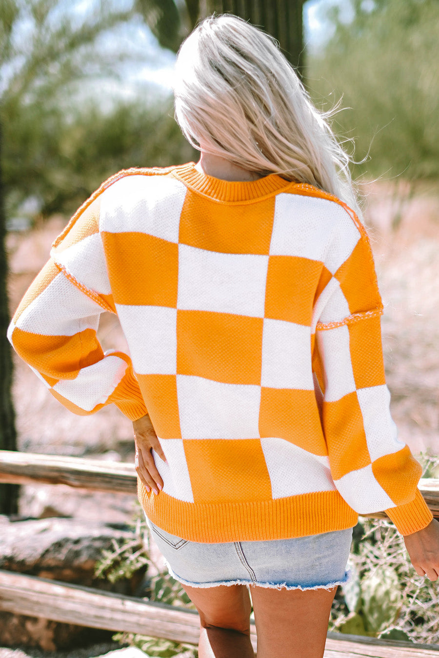 Bella Love Boutique California LLC Sweaters & Cardigans/Sweaters Orange Checkered Bishop Sleeve Sweater