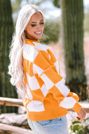 Bella Love Boutique California LLC Sweaters & Cardigans/Sweaters Orange Checkered Bishop Sleeve Sweater