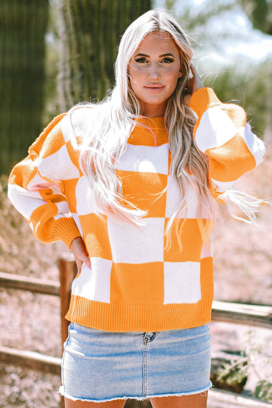 Bella Love Boutique California LLC Sweaters & Cardigans/Sweaters Orange Checkered Bishop Sleeve Sweater