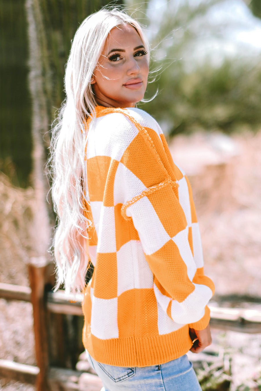 Bella Love Boutique California LLC Sweaters & Cardigans/Sweaters Orange Checkered Bishop Sleeve Sweater