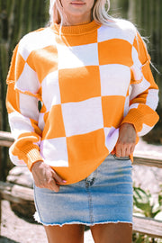 Bella Love Boutique California LLC Sweaters & Cardigans/Sweaters Orange Checkered Bishop Sleeve Sweater