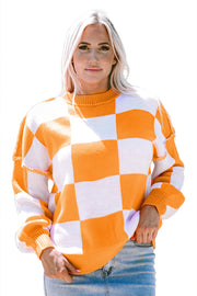 Bella Love Boutique California LLC Sweaters & Cardigans/Sweaters Orange Checkered Bishop Sleeve Sweater