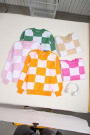 Bella Love Boutique California LLC Sweaters & Cardigans/Sweaters Orange Checkered Bishop Sleeve Sweater