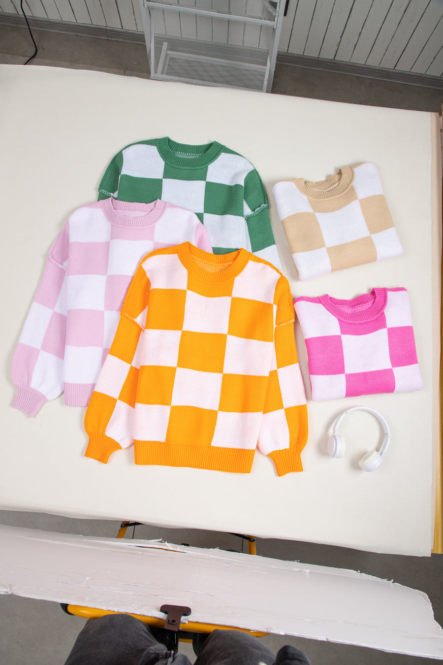 Bella Love Boutique California LLC Sweaters & Cardigans/Sweaters Orange Checkered Bishop Sleeve Sweater