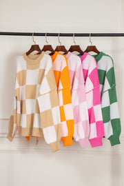 Bella Love Boutique California LLC Sweaters & Cardigans/Sweaters Orange Checkered Bishop Sleeve Sweater