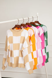 Bella Love Boutique California LLC Sweaters & Cardigans/Sweaters Orange Checkered Bishop Sleeve Sweater