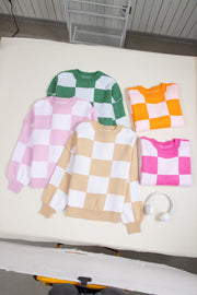 Bella Love Boutique California LLC Sweaters & Cardigans/Sweaters Orange Checkered Bishop Sleeve Sweater