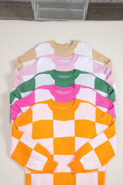 Bella Love Boutique California LLC Sweaters & Cardigans/Sweaters Orange Checkered Bishop Sleeve Sweater