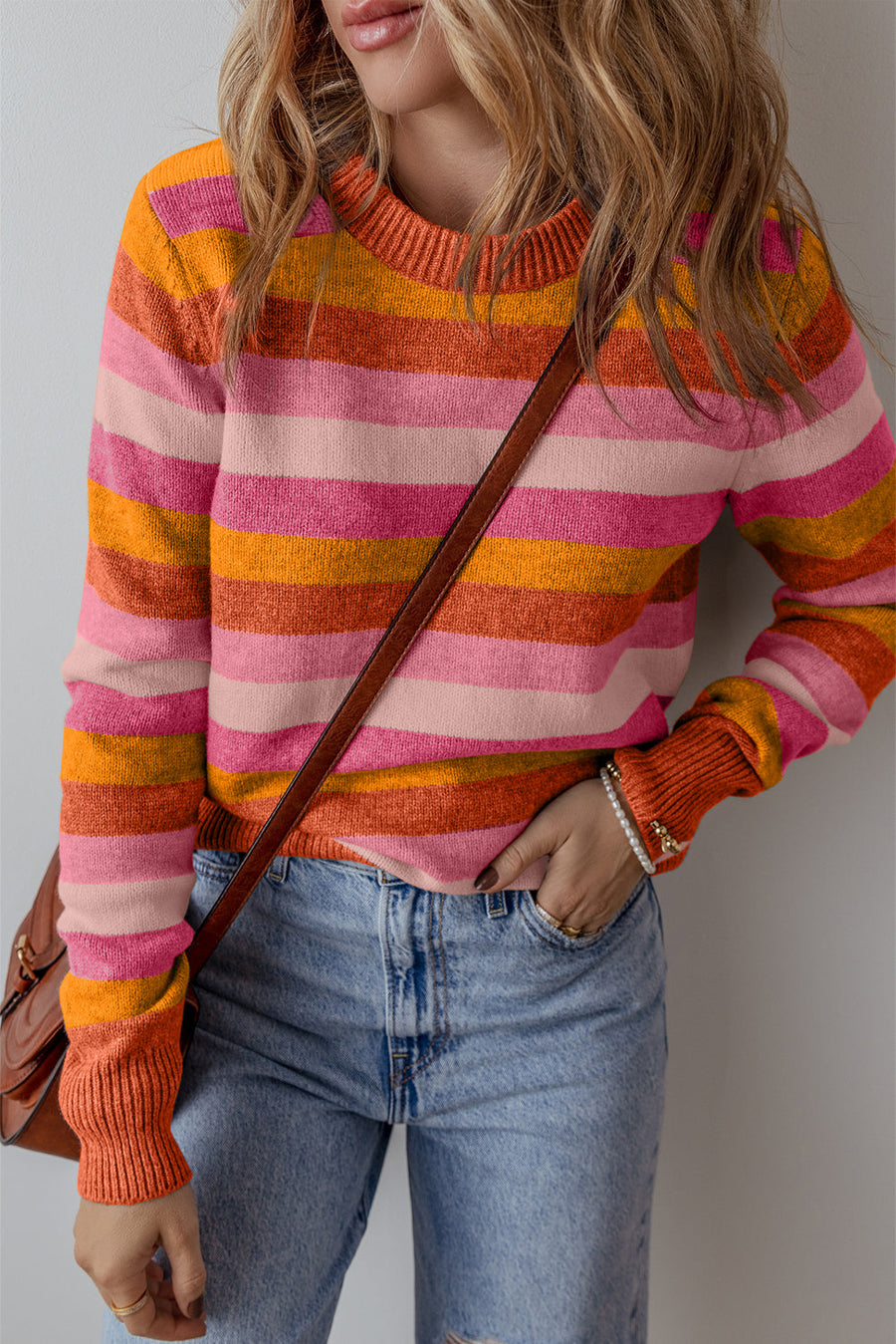 Bella Love Boutique California LLC Sweaters & Cardigans/Sweaters Orange / S / 42%Polyester+28%PBT+20%Acrylic+10%Polyamide Gray Stripe Color Block Ribbed Edge Round Neck Sweater