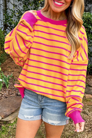 Bella Love Boutique California LLC Sweaters & Cardigans/Sweaters Orange Stripe / S / 50%Viscose+28%Polyester+22%Polyamide Orange Stripe Trimmed Round Neck Drop Shoulder Loose Sweater