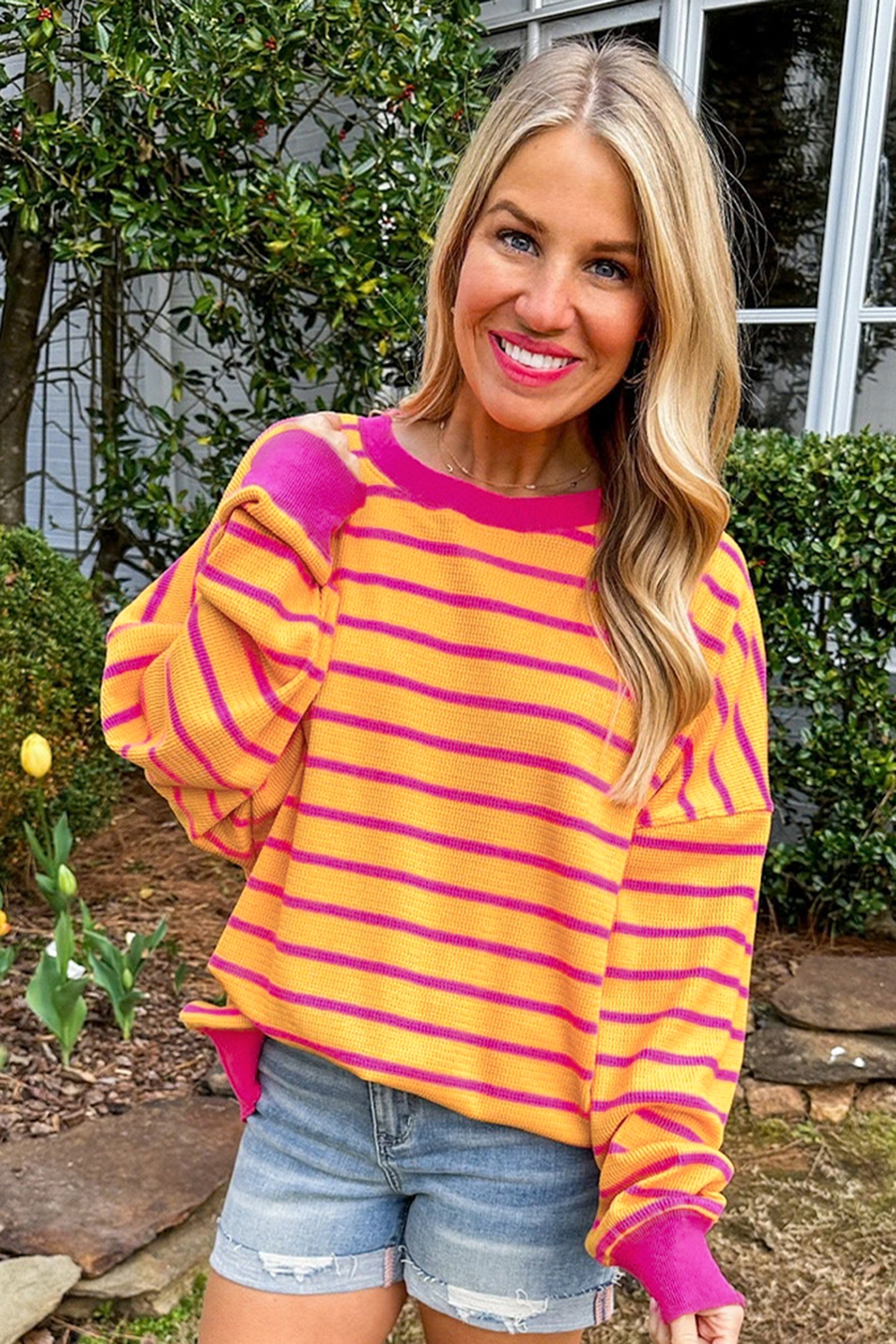 Bella Love Boutique California LLC Sweaters & Cardigans/Sweaters Orange Stripe Trimmed Round Neck Drop Shoulder Loose Sweater