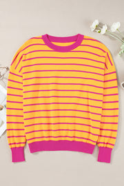 Bella Love Boutique California LLC Sweaters & Cardigans/Sweaters Orange Stripe Trimmed Round Neck Drop Shoulder Loose Sweater