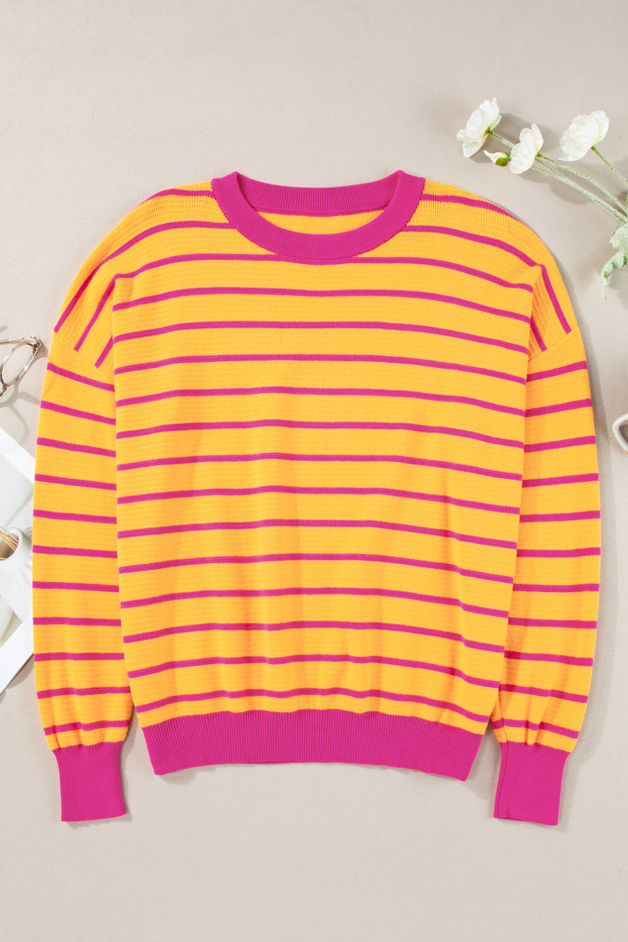 Bella Love Boutique California LLC Sweaters & Cardigans/Sweaters Orange Stripe Trimmed Round Neck Drop Shoulder Loose Sweater