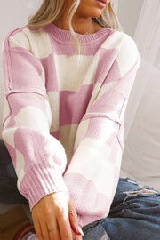 Bella Love Boutique California LLC Sweaters & Cardigans/Sweaters Pink Checkered Bishop Sleeve Sweater