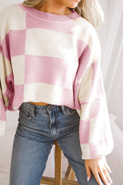 Bella Love Boutique California LLC Sweaters & Cardigans/Sweaters Pink Checkered Bishop Sleeve Sweater