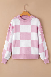 Bella Love Boutique California LLC Sweaters & Cardigans/Sweaters Pink Checkered Bishop Sleeve Sweater