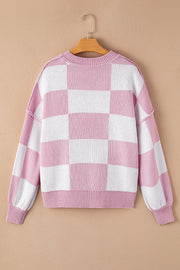 Bella Love Boutique California LLC Sweaters & Cardigans/Sweaters Pink Checkered Bishop Sleeve Sweater