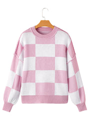 Bella Love Boutique California LLC Sweaters & Cardigans/Sweaters Pink Checkered Bishop Sleeve Sweater