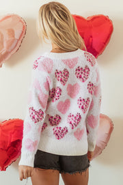 Bella Love Boutique California LLC Sweaters & Cardigans/Sweaters Pink Heart Leopard Print Pearled Ribbed Trim Fuzzy Sweater