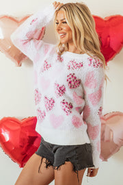 Bella Love Boutique California LLC Sweaters & Cardigans/Sweaters Pink Heart Leopard Print Pearled Ribbed Trim Fuzzy Sweater